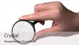  Presentation with blonde holds a magnifying glass - Presentation theme with small people magnifier hands - woman hand holding magnifying isolated background and a  colored foreground