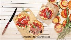  Presentation with close up view of the compass on old paper - Slide set enhanced with small pizzas on baking paper background and a lemonade colored foreground