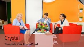  Presentation with team meeting - Colorful slide set enhanced with small project team meeting backdrop and a red colored foreground