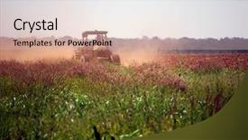 Presentation with tractor - Colorful theme enhanced with small rice plant - tractor ploughing fallow field backdrop and a soft green colored foreground