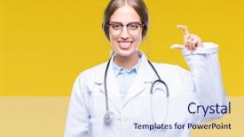  Presentation with medical smiling doctor - Audience pleasing slides consisting of small scale hospitals - beautiful young blonde doctor woman backdrop and a  colored foreground