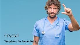  Presentation with hand surgeon - Slides featuring small scale hospitals - handsome hispanic surgeon doctor man background and a light blue colored foreground