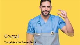  Presentation with hand surgeon - PPT theme having small scale hospitals - handsome young doctor surgeon man background and a  colored foreground