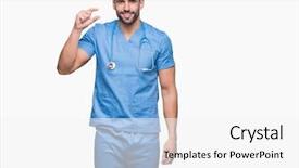  Presentation with hand surgeon - Slide set consisting of small scale hospitals - handsome young doctor surgeon man background and a  colored foreground