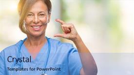  Presentation with nurse - Slide set consisting of small scale hospitals - middle age senior nurse doctor background and a  colored foreground