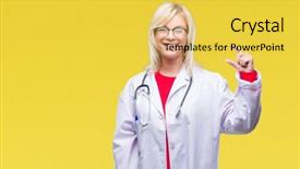  Presentation with medical sign - Cool new presentation theme with small scale hospitals - young beautiful blonde doctor woman backdrop and a  colored foreground