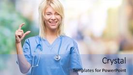  Presentation with medical smiling doctor - Theme enhanced with small scale hospitals - young beautiful blonde doctor woman background and a  colored foreground