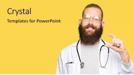  Presentation with medical sign - Audience pleasing slide deck consisting of small scale hospitals - young blond doctor man backdrop and a  colored foreground