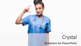  Presentation with african american - Slide deck with small scale hospitals - young braided hair african american background and a white colored foreground