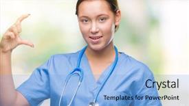  Presentation with medical sign - Colorful slides enhanced with small scale hospitals - young caucasian doctor woman wearing backdrop and a  colored foreground