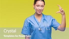  Presentation with medical sign - Slide deck enhanced with small scale hospitals - young caucasian doctor woman wearing background and a  colored foreground