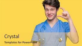  Presentation with medical sign - Slide deck featuring small scale hospitals - young doctor wearing medical uniform background and a  colored foreground