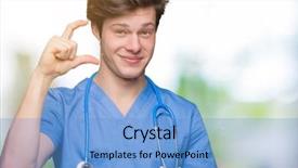  Presentation with medical smiling doctor - Slide deck featuring small scale hospitals - young doctor wearing medical uniform background and a  colored foreground