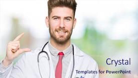  Presentation with medical smiling doctor - Theme having small scale hospitals - young handsome doctor man wearing background and a  colored foreground