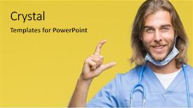  Presentation with long hair man - Cool new slides with small scale hospitals - young handsome doctor man backdrop and a  colored foreground