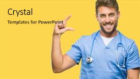  Presentation with hand surgeon - Presentation theme having small scale hospitals - young handsome doctor surgeon man background and a  colored foreground