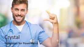  Presentation with hand surgeon - Presentation design with small scale hospitals - young handsome doctor surgeon man background and a  colored foreground