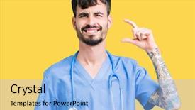  Presentation with hand surgeon - Presentation theme enhanced with small scale hospitals - young handsome nurse man wearing background and a  colored foreground