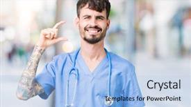  Presentation with hand surgeon - Audience pleasing PPT theme consisting of small scale hospitals - young handsome nurse man wearing backdrop and a  colored foreground