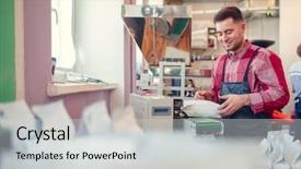  Presentation with weighing scale - Colorful presentation theme enhanced with small scale industry - picture of man weighing paper backdrop and a light gray colored foreground