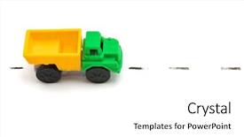 Presentation with foreign object damage - Presentation theme with small scale industry - toy lorry on road isolated background and a  colored foreground