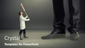  Presentation with dark grey - PPT theme featuring small screaming doctor holding placard and looking up at big legs over dark grey background background and a gray colored foreground
