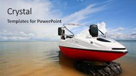  Presentation with sea and beach - Presentation theme having small ship near the beach background and a light blue colored foreground