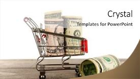  Presentation with shopping trolley - PPT theme having small shopping trolley with dollars banknotes on wooden table isolated on white background and a white colored foreground