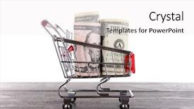  Presentation with shopping trolley - Presentation design enhanced with small shopping trolley with dollars banknotes on wooden table isolated on white background and a white colored foreground