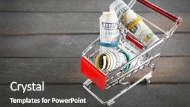  Presentation with shopping trolley - Presentation featuring small shopping trolley with dollars banknotes on wooden background background and a dark gray colored foreground