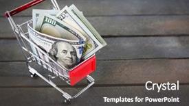  Presentation with shopping trolley - Presentation featuring small shopping trolley with dollars banknotes on wooden background background and a dark gray colored foreground