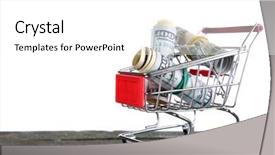  Presentation with shopping trolley - Slides with small shopping trolley with dollars banknotes on wooden background background and a white colored foreground