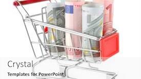  Presentation with shopping trolley - Cool new presentation theme with small shopping trolley with euros banknotes isolated on white backdrop and a white colored foreground