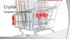  Presentation with shopping trolley - Theme consisting of small shopping trolley with euros banknotes isolated on white background and a sky blue colored foreground