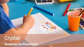  Presentation with school children - Presentation theme having small students painting in art background and a coral colored foreground