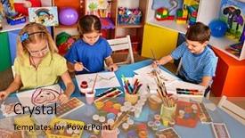  Presentation with art exhibition - Amazing slide deck having small students painting in art school class children boy and girl drawing by paints on table portrait of kids in kindergarten preparing for a children's art exhibition backdrop and a coral colored foreground