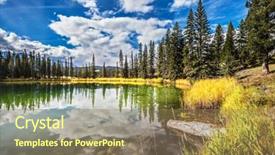  Presentation with water park - Colorful slide set enhanced with small superficial lake is surrounded with a coniferous forest the smooth surface of water reflects the cloudy sky autumn day in jasper national park in the rocky mountains in canada backdrop and a coral colored foreground