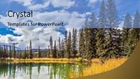  Presentation with canada - Colorful slide set enhanced with small superficial lake is surrounded with a coniferous forest and turned yellow bush sunny autumn day in jasper national park in canada backdrop and a light blue colored foreground