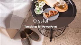  Presentation with tea croissant - Beautiful presentation design featuring small-table-with-open-book backdrop and a violet colored foreground