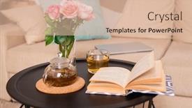  Presentation with water cup - Cool new PPT theme with small-table-with-rose-bunch backdrop and a lemonade colored foreground