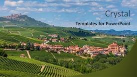  Presentation with green hills - Amazing PPT layouts having small-town-of-barolo backdrop and a light blue colored foreground