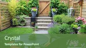  Presentation with furniture - Slide set featuring small townhouse garden with patio background and a tawny brown colored foreground