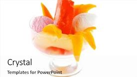  Presentation with tropical ice cream - Colorful presentation theme enhanced with small transparent glass cup with ice cream and tropical fruits isolated on white background backdrop and a white colored foreground