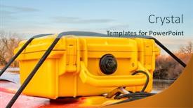  Presentation with winter river - Presentation theme with small waterproof case on a front deck of river kayak in colorado winter scenery background and a light blue colored foreground