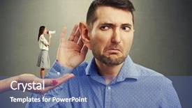  Presentation with ear - Audience pleasing PPT theme consisting of small woman standing on big female hand and screaming with megaphone at man with big ear over grey background backdrop and a ocean colored foreground