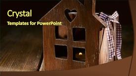  Presentation with wood carving - Beautiful presentation theme featuring small wooden house on wooden backdrop and a wine colored foreground