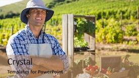  Presentation with vineyard - Amazing PPT theme having smart arriculture - portrait of farmer standing backdrop and a coral colored foreground