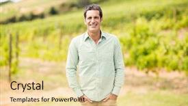  Presentation with vineyard - Colorful presentation theme enhanced with smart arriculture - portrait of vintner standing backdrop and a blonde colored foreground