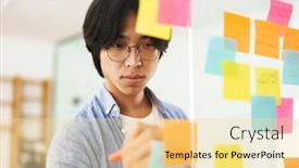  Presentation with creative writing - Beautiful presentation design featuring smart-asian-businessman-writing-ideas backdrop and a blonde colored foreground