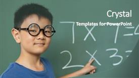  Presentation with elementary school - PPT theme having smart asian schoolboy doing math background and a ocean colored foreground